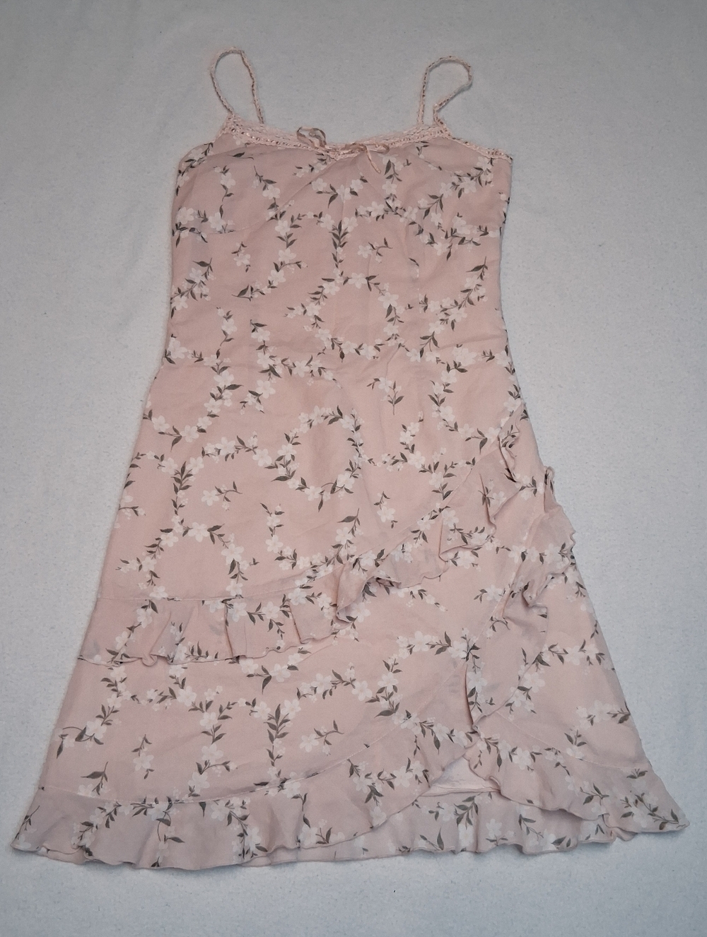 0918 100% Cotton Pink Floral Slip Dress with Ruffle Hem